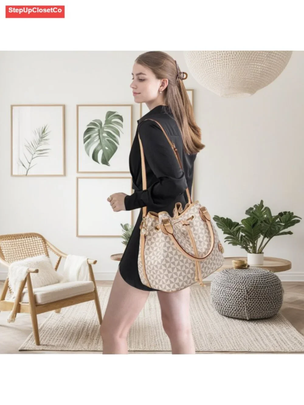 Faux Leather Bucket Purse for Women Drawstring Closure Shoulder Tote Handbag